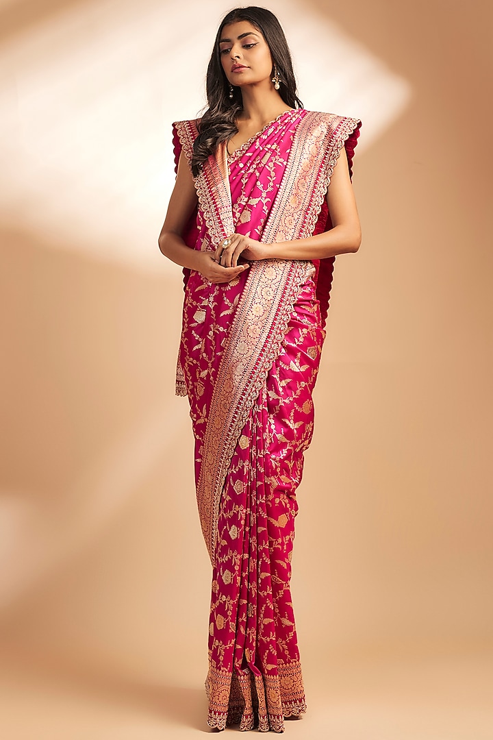 Pink Banarasi Silk Zardosi Embroidered Bridal Saree Set by Anushree Reddy at Pernia's Pop Up Shop