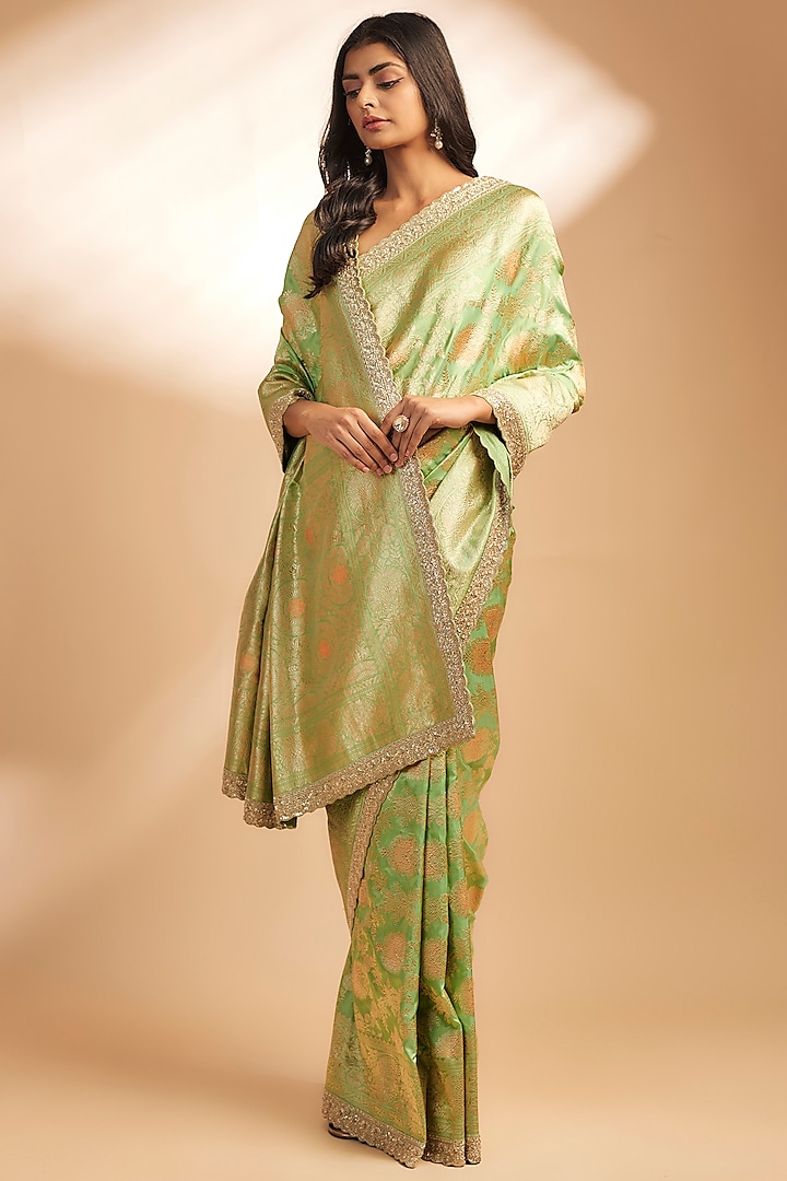 Green Banarasi Silk Zardosi Embroidered Saree Set by Anushree Reddy