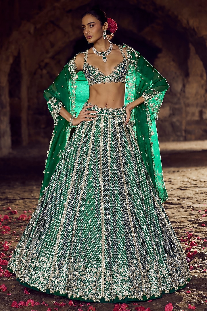 Emerald Green Raw Silk Bridal Lehenga Set by Anushree Reddy at Pernia's Pop Up Shop