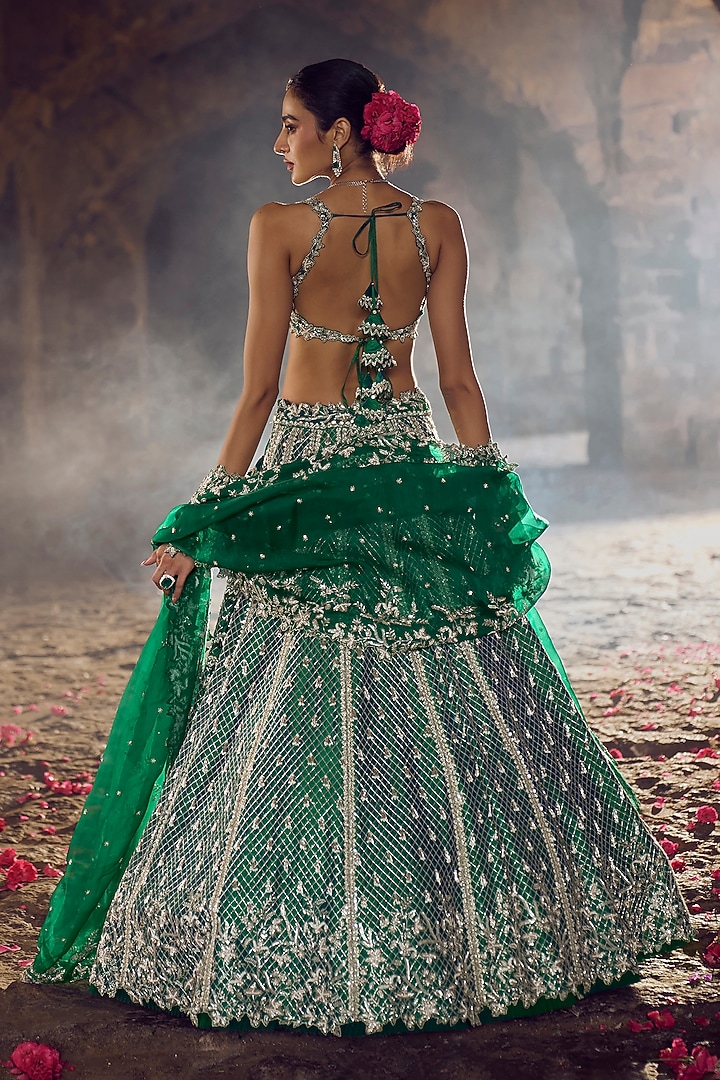Emerald Green Raw Silk Bridal Lehenga Set by Anushree Reddy at Pernia's Pop Up Shop