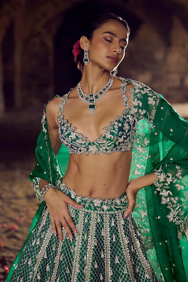 Emerald Green Raw Silk Bridal Lehenga Set by Anushree Reddy at Pernia's Pop Up Shop