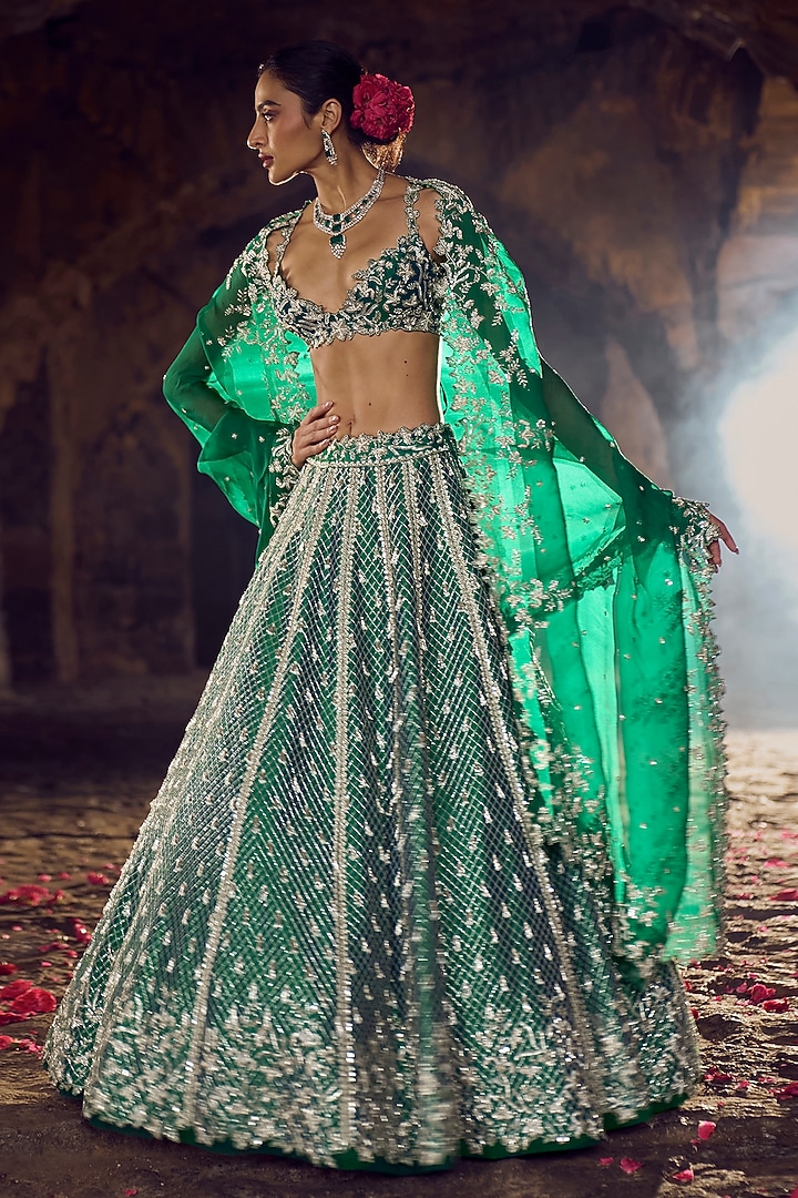 Emerald Green Raw Silk Bridal Lehenga Set by Anushree Reddy at Pernia's Pop Up Shop
