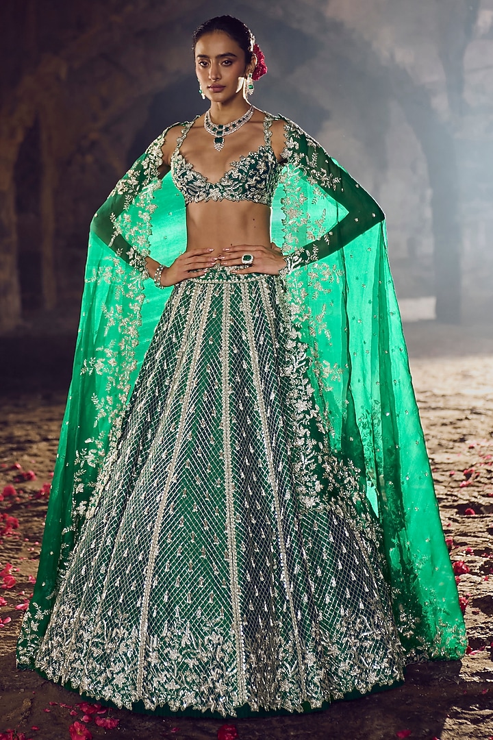 Emerald Green Raw Silk Bridal Lehenga Set by Anushree Reddy at Pernia's Pop Up Shop