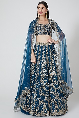 Navy Blue Net Lehenga Set by Anushree Reddy