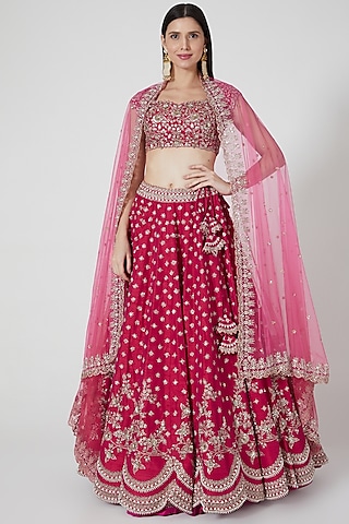 Cherry Red Embroidered Lehenga Set by Anushree Reddy