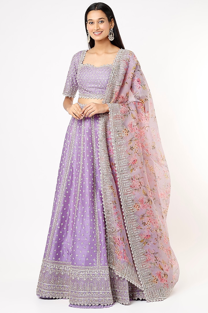 Purple Raw Silk Embroidered Lehenga Set by Anushree Reddy