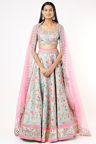 Powder Blue Floral Printed Lehenga Set by Anushree Reddy