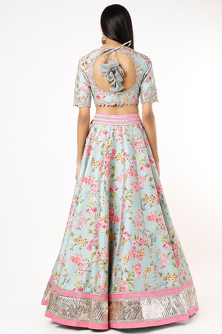 Powder Blue Floral Printed Bridal Lehenga Set by Anushree Reddy at Pernia's Pop Up Shop