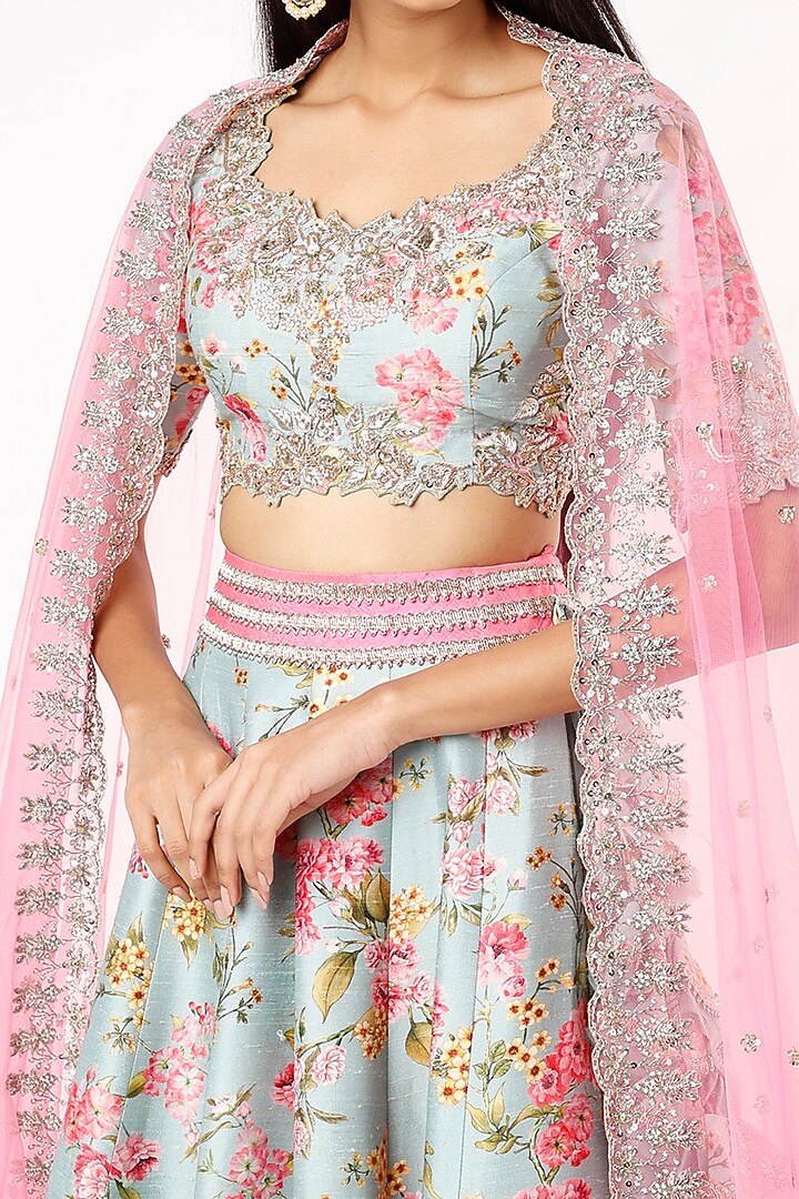 Powder Blue Floral Printed Bridal Lehenga Set by Anushree Reddy at Pernia's Pop Up Shop