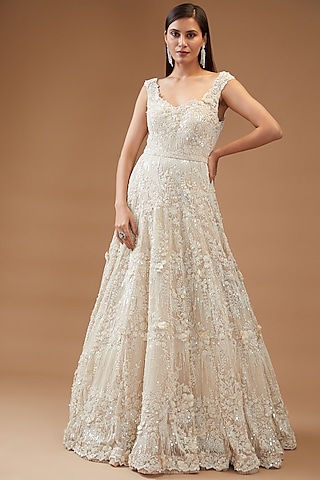 Ivory Organza Embroidered Gown by Anushree Reddy