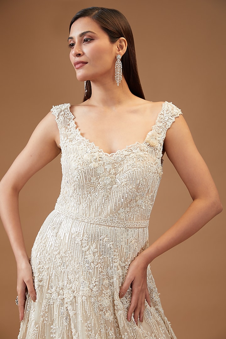 Ivory Organza Embroidered Bridal Gown by Anushree Reddy at Pernia's Pop Up Shop