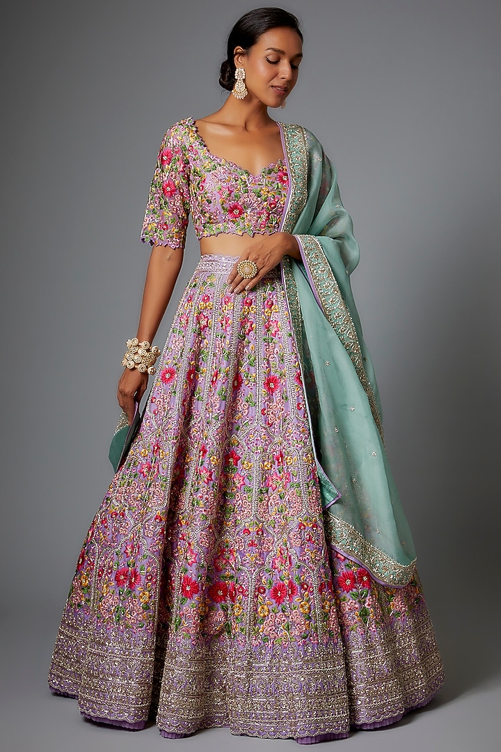 Lavender Raw Silk Embroidered Bridal Lehenga Set by Anushree Reddy at Pernia's Pop Up Shop