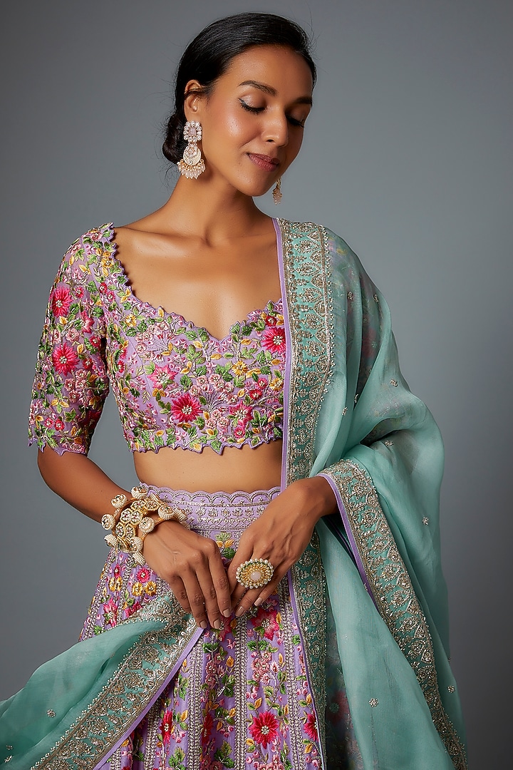 Lavender Raw Silk Embroidered Bridal Lehenga Set by Anushree Reddy at Pernia's Pop Up Shop