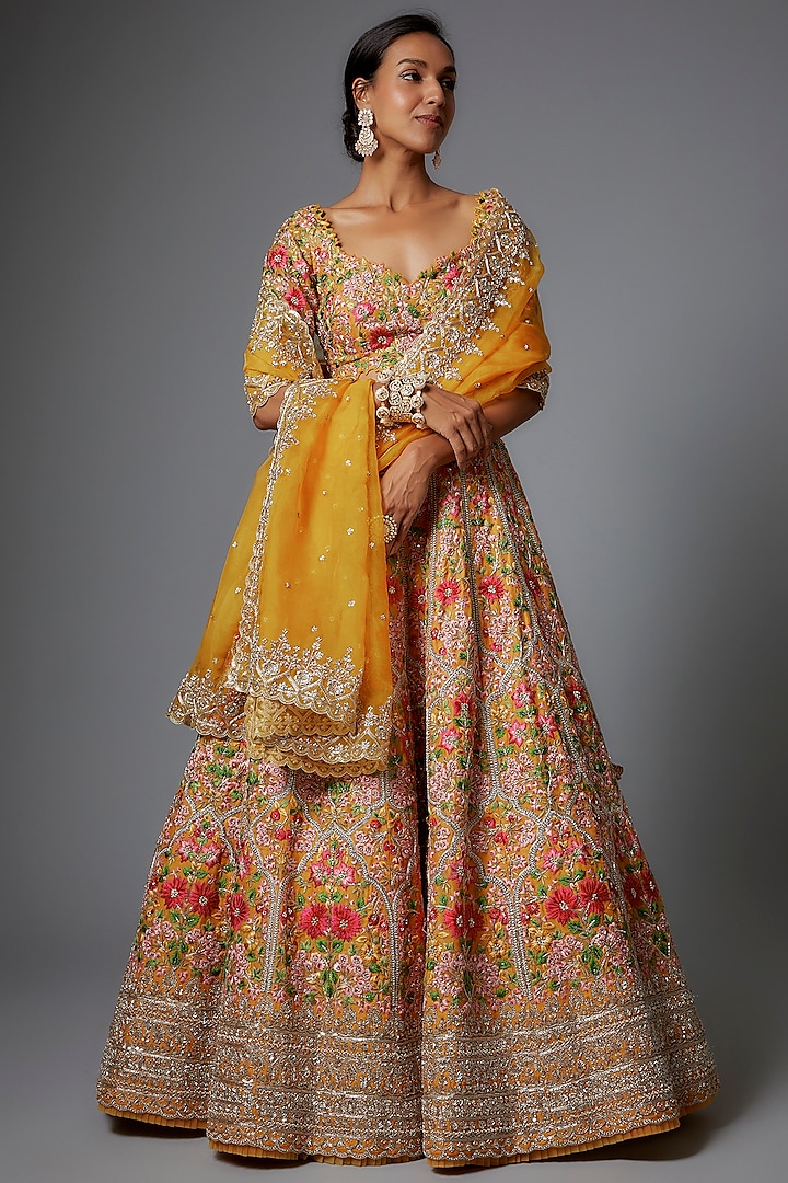 Mustard Raw Silk Bridal Lehenga Set by Anushree Reddy at Pernia's Pop Up Shop