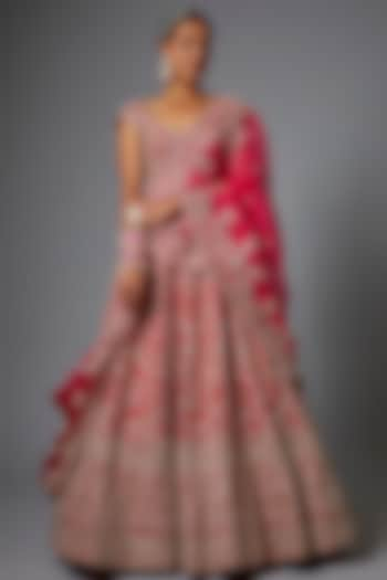 Red Raw Silk Embroidered Bridal Lehenga Set by Anushree Reddy at Pernia's Pop Up Shop