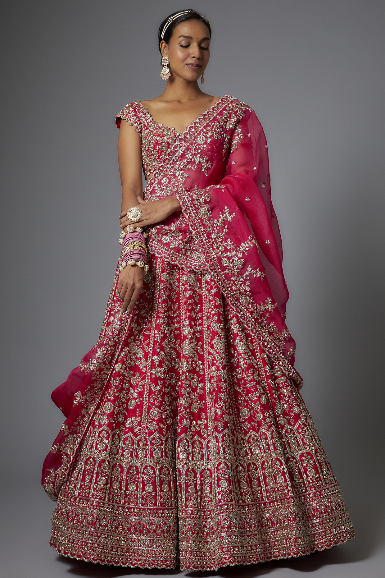 Red Raw Silk Embroidered Lehenga Set by Anushree Reddy