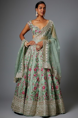 Sea Green Organza Lehenga Set by Anushree Reddy