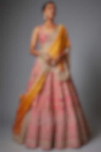 Coral Raw Silk Bridal Lehenga Set by Anushree Reddy at Pernia's Pop Up Shop