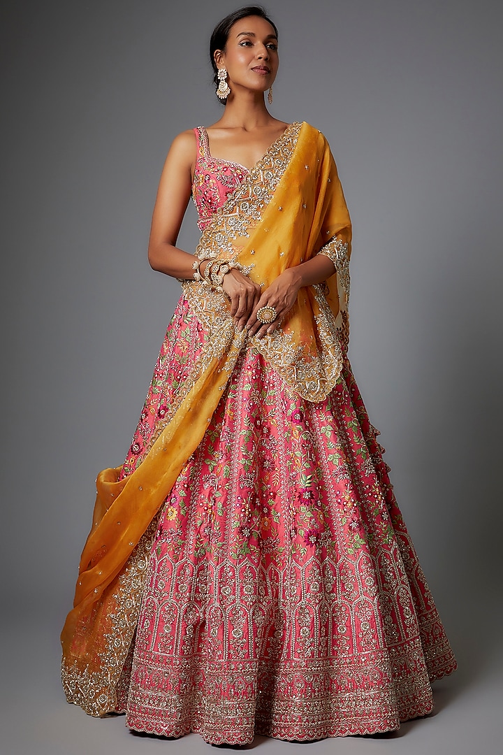 Coral Raw Silk Bridal Lehenga Set by Anushree Reddy at Pernia's Pop Up Shop