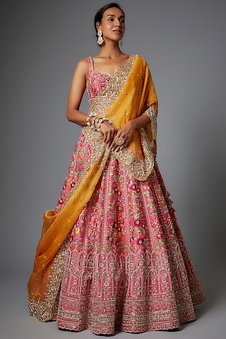Coral Raw Silk Lehenga Set by Anushree Reddy