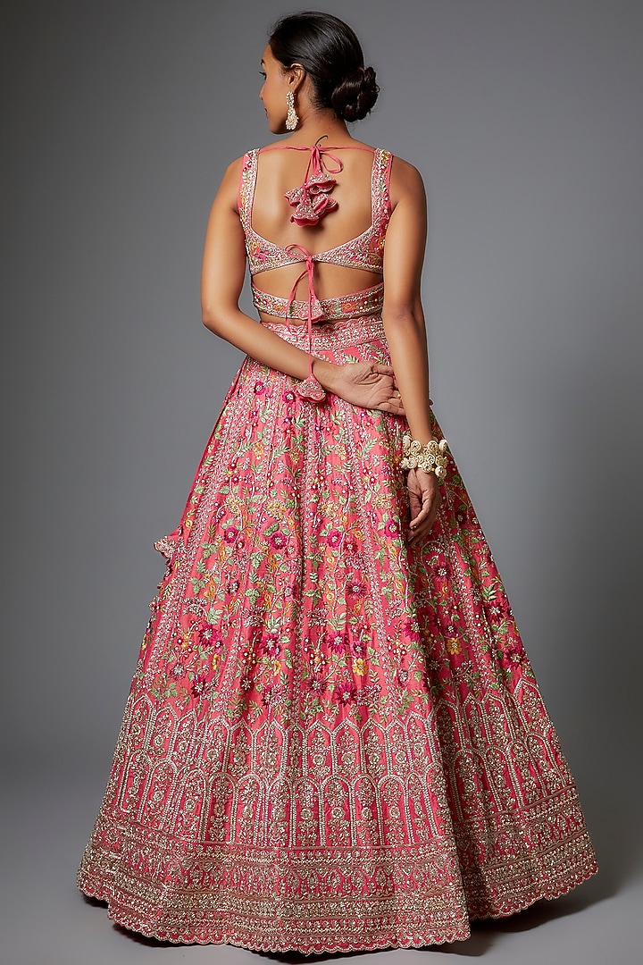 Coral Raw Silk Bridal Lehenga Set by Anushree Reddy at Pernia's Pop Up Shop