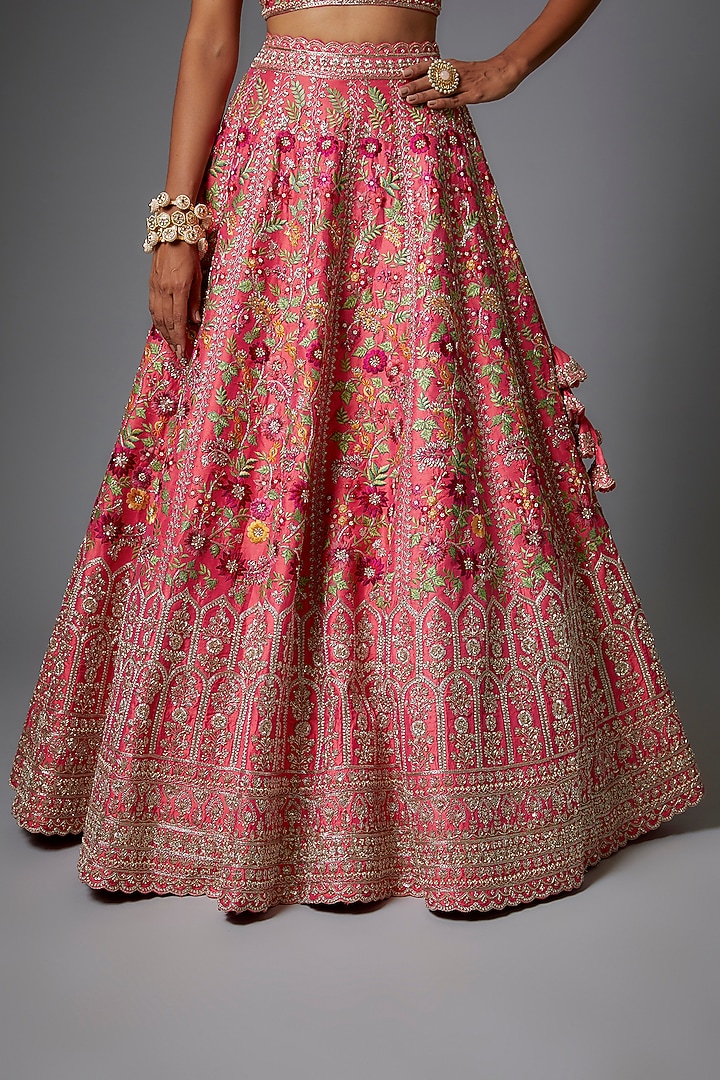 Coral Raw Silk Bridal Lehenga Set by Anushree Reddy at Pernia's Pop Up Shop