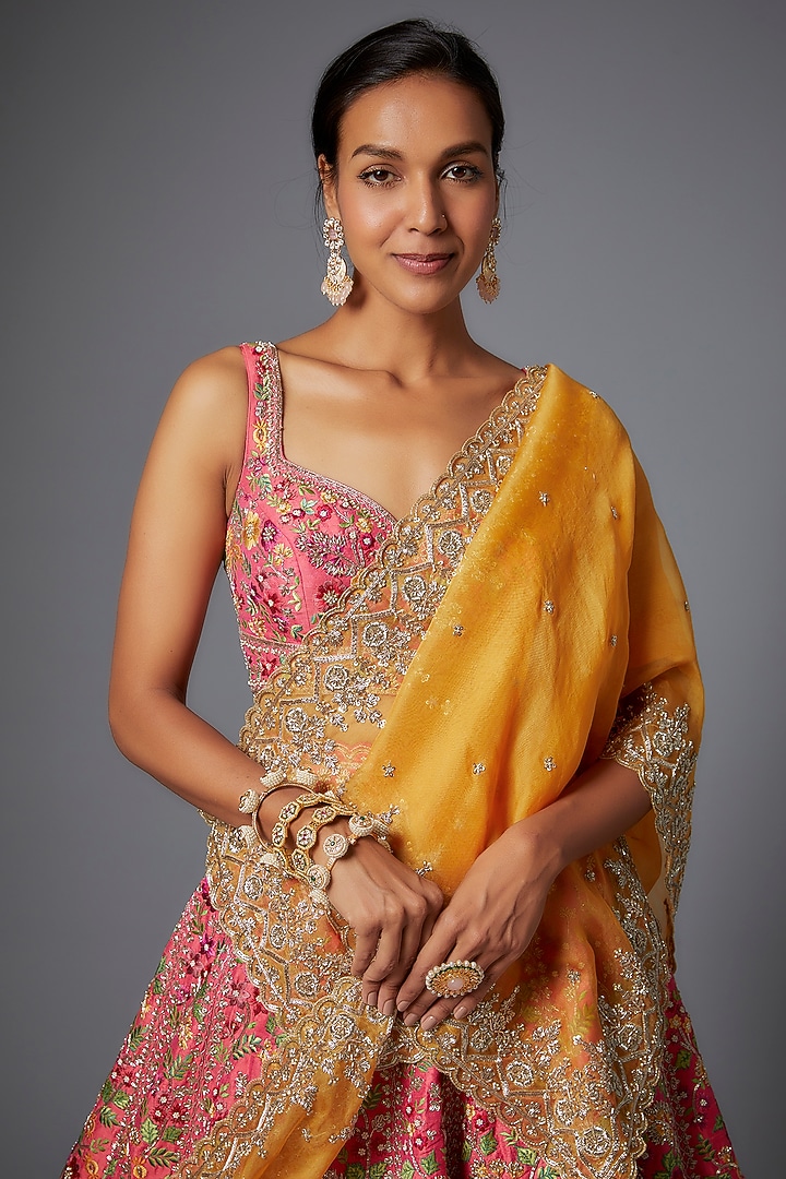 Coral Raw Silk Bridal Lehenga Set by Anushree Reddy at Pernia's Pop Up Shop