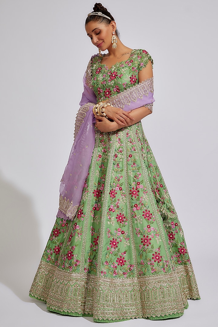 Mint Green Organza Embroidered Bridal Lehenga Set by Anushree Reddy at Pernia's Pop Up Shop