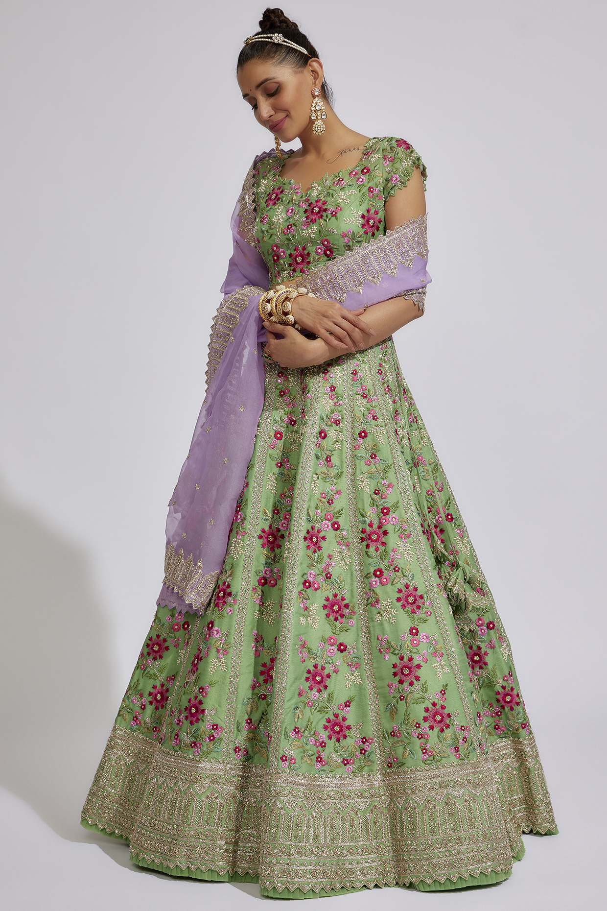 Mint Green Organza Embroidered Lehenga Set by Anushree Reddy