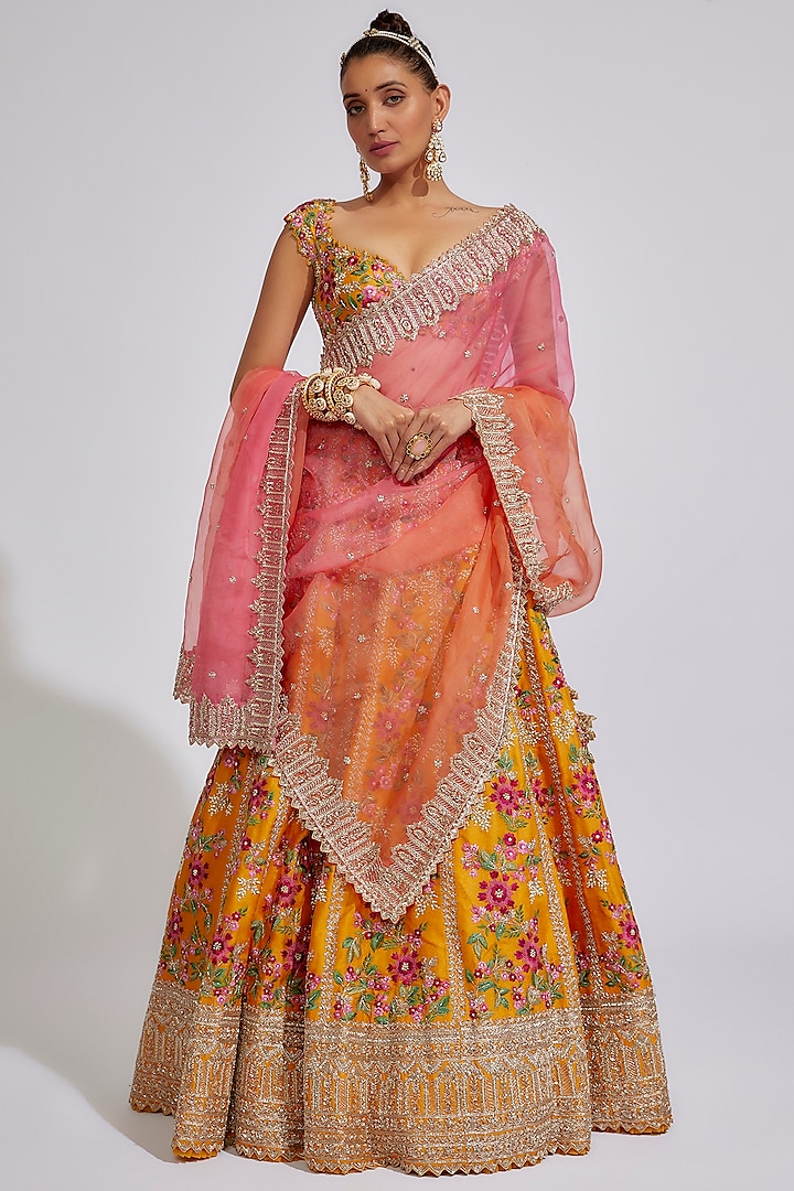 Mustard Organza Embroidered Bridal Lehenga Set by Anushree Reddy at Pernia's Pop Up Shop