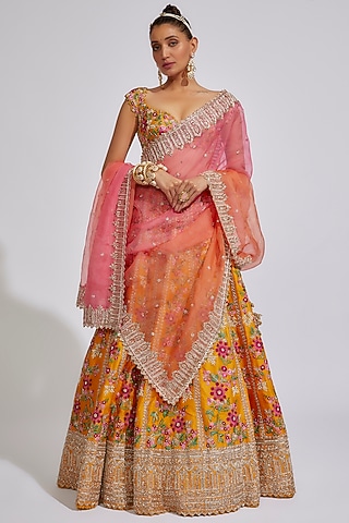 Mustard Organza Embroidered Lehenga Set by Anushree Reddy
