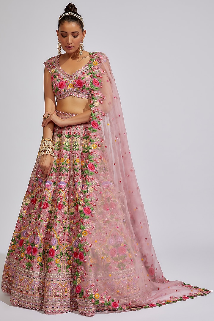 Pink Organza Embroidered Bridal Lehenga Set by Anushree Reddy at Pernia's Pop Up Shop