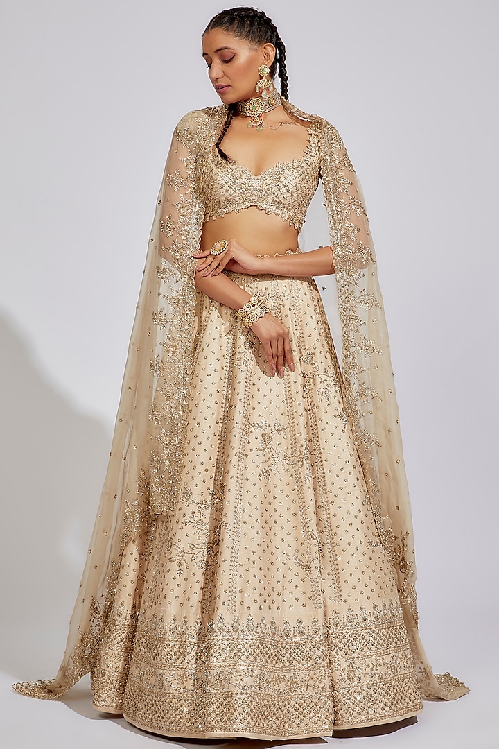 Ivory Raw Silk Embroidered Lehenga Set by Anushree Reddy