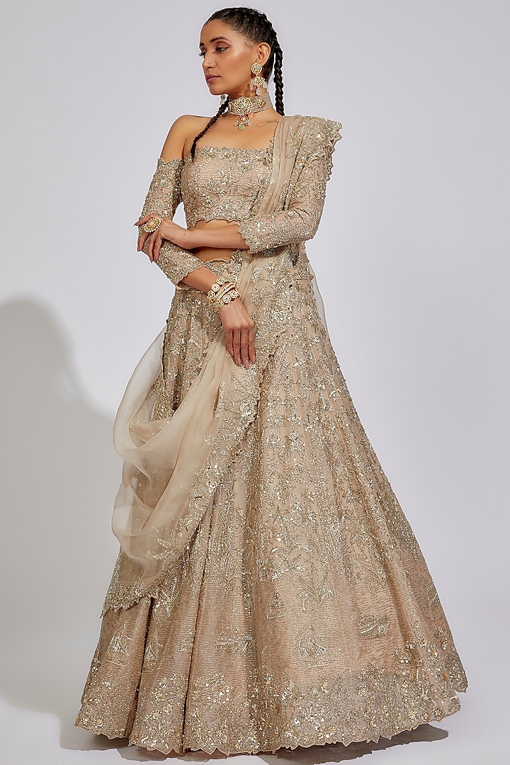 Champagne Organza Embroidered Bridal Lehenga Set by Anushree Reddy at Pernia's Pop Up Shop