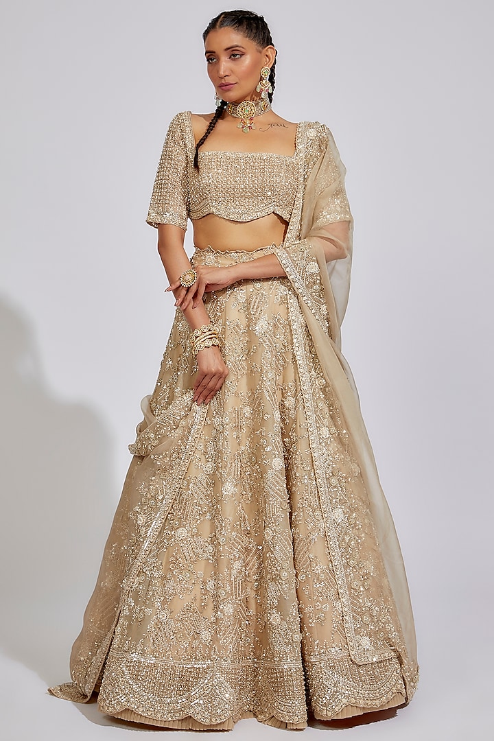 Ivory Organza Embroidered Bridal Lehenga Set by Anushree Reddy at Pernia's Pop Up Shop