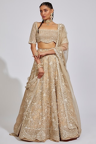 Ivory Organza Embroidered Lehenga Set by Anushree Reddy