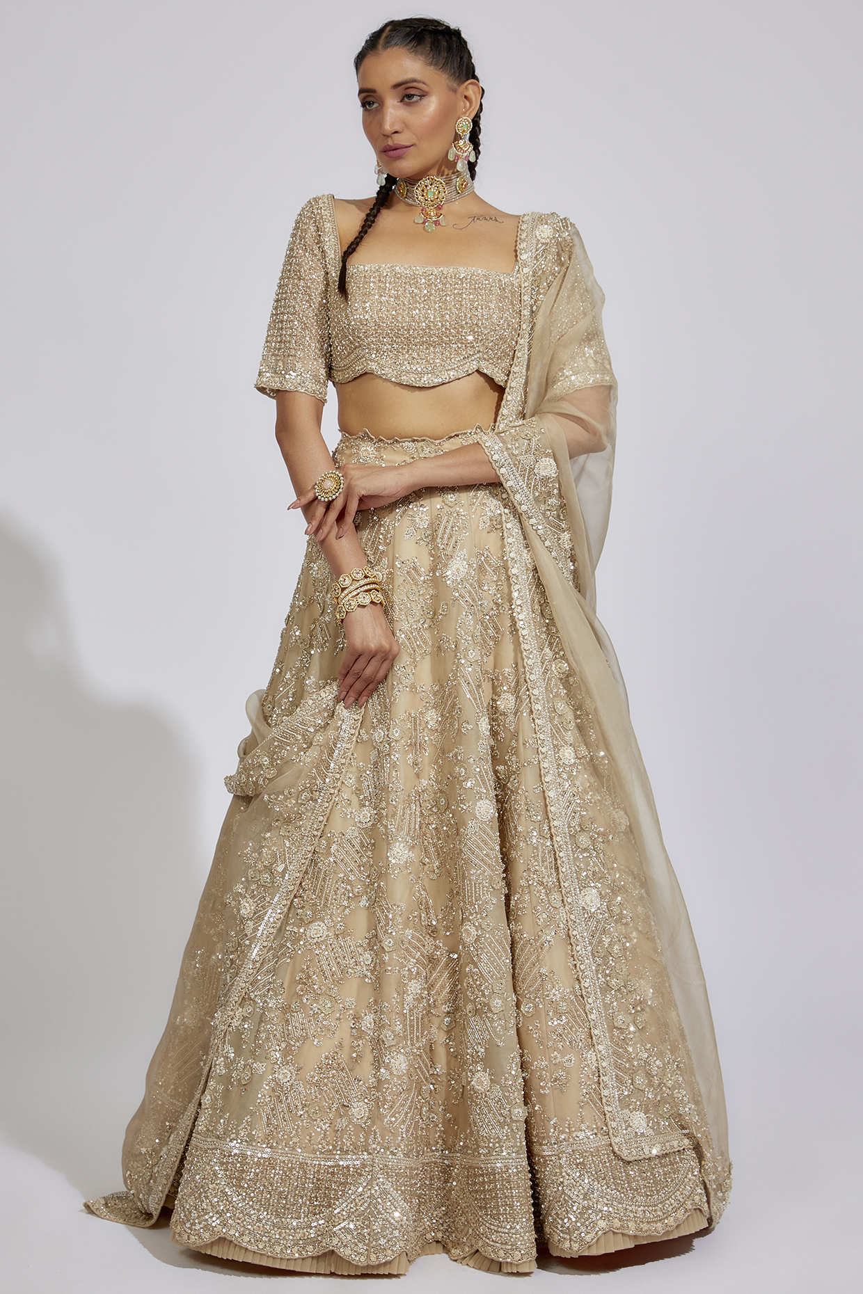 Ivory Organza Embroidered Lehenga Set by Anushree Reddy