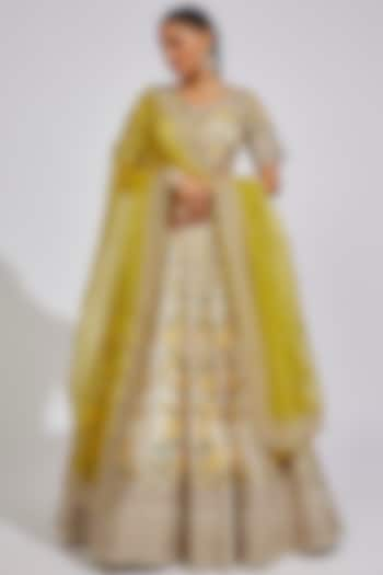 Ivory Organza Embroidered Lehenga Set by Anushree Reddy