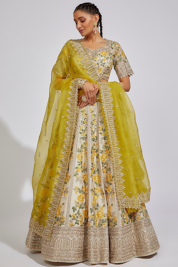 Ivory Organza Embroidered Lehenga Set by Anushree Reddy