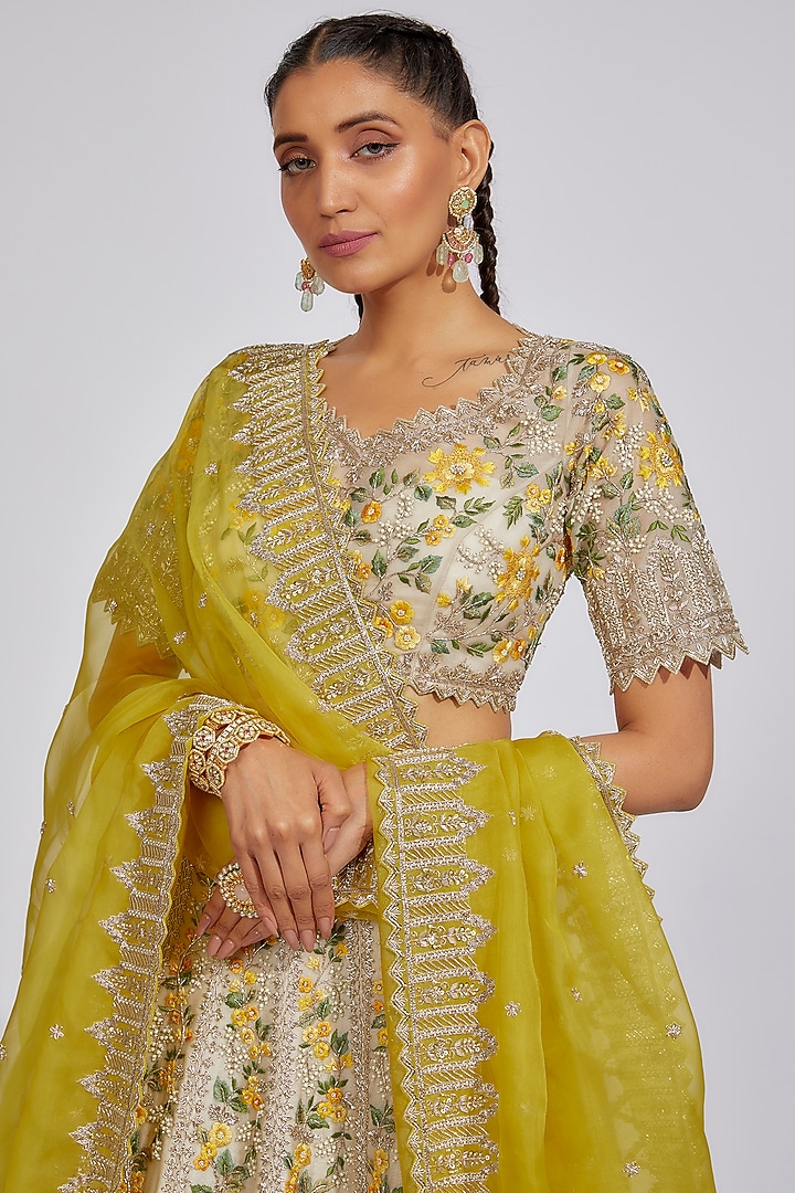 Ivory Organza Embroidered Bridal Lehenga Set by Anushree Reddy at Pernia's Pop Up Shop