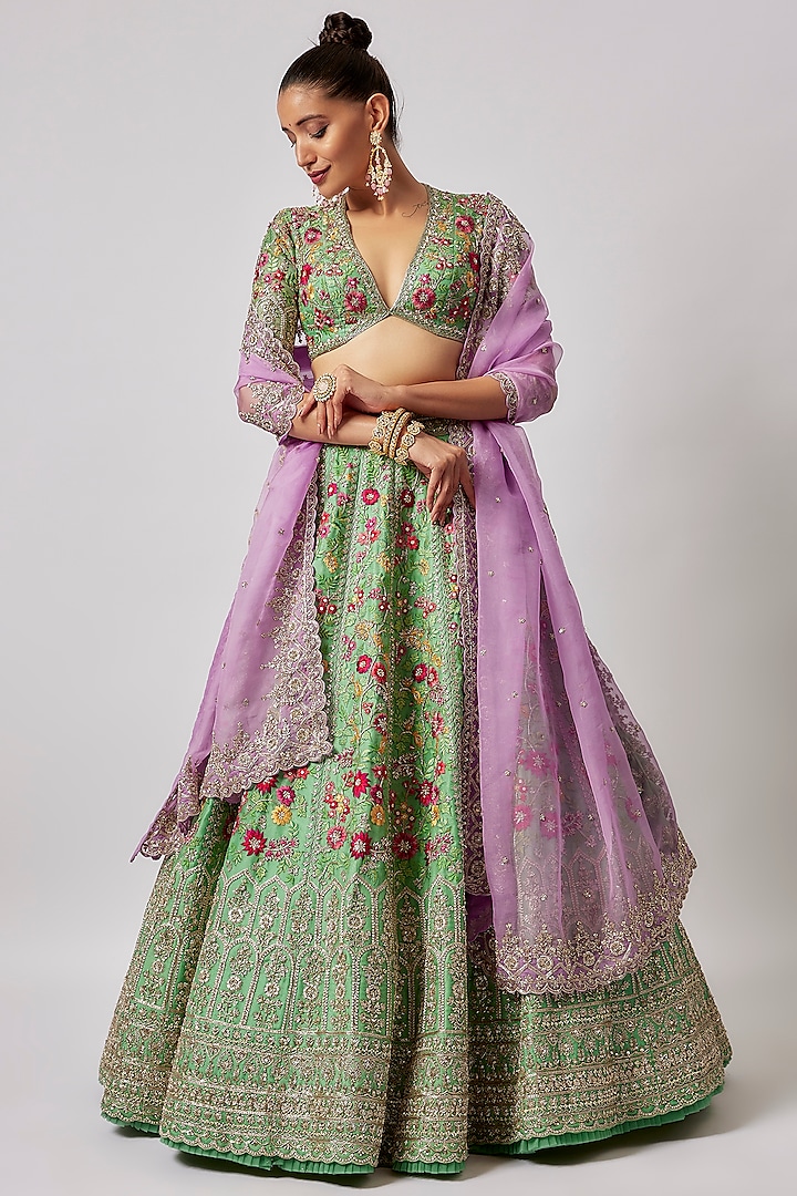 Sea Green Organza Embroidered Bridal Lehenga Set by Anushree Reddy at Pernia's Pop Up Shop