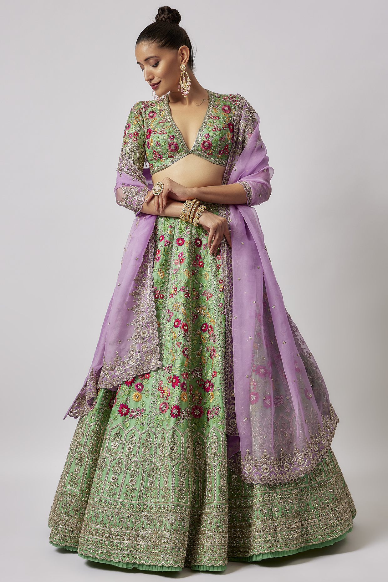 Sea Green Organza Embroidered Lehenga Set by Anushree Reddy