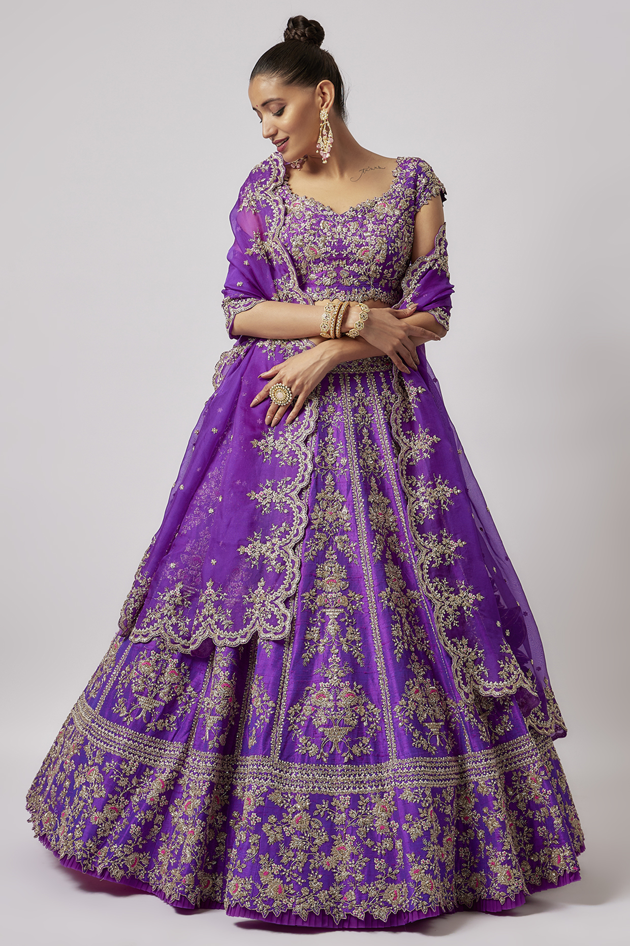 Purple Raw Silk Embroidered Lehenga Set by Anushree Reddy