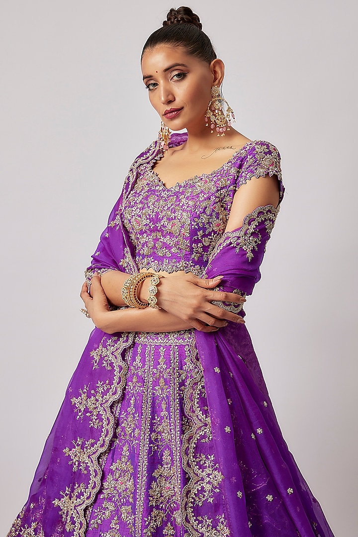 Purple Raw Silk Embroidered Bridal Lehenga Set by Anushree Reddy at Pernia's Pop Up Shop