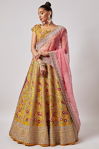 Yellow Raw Silk Lehenga Set by Anushree Reddy