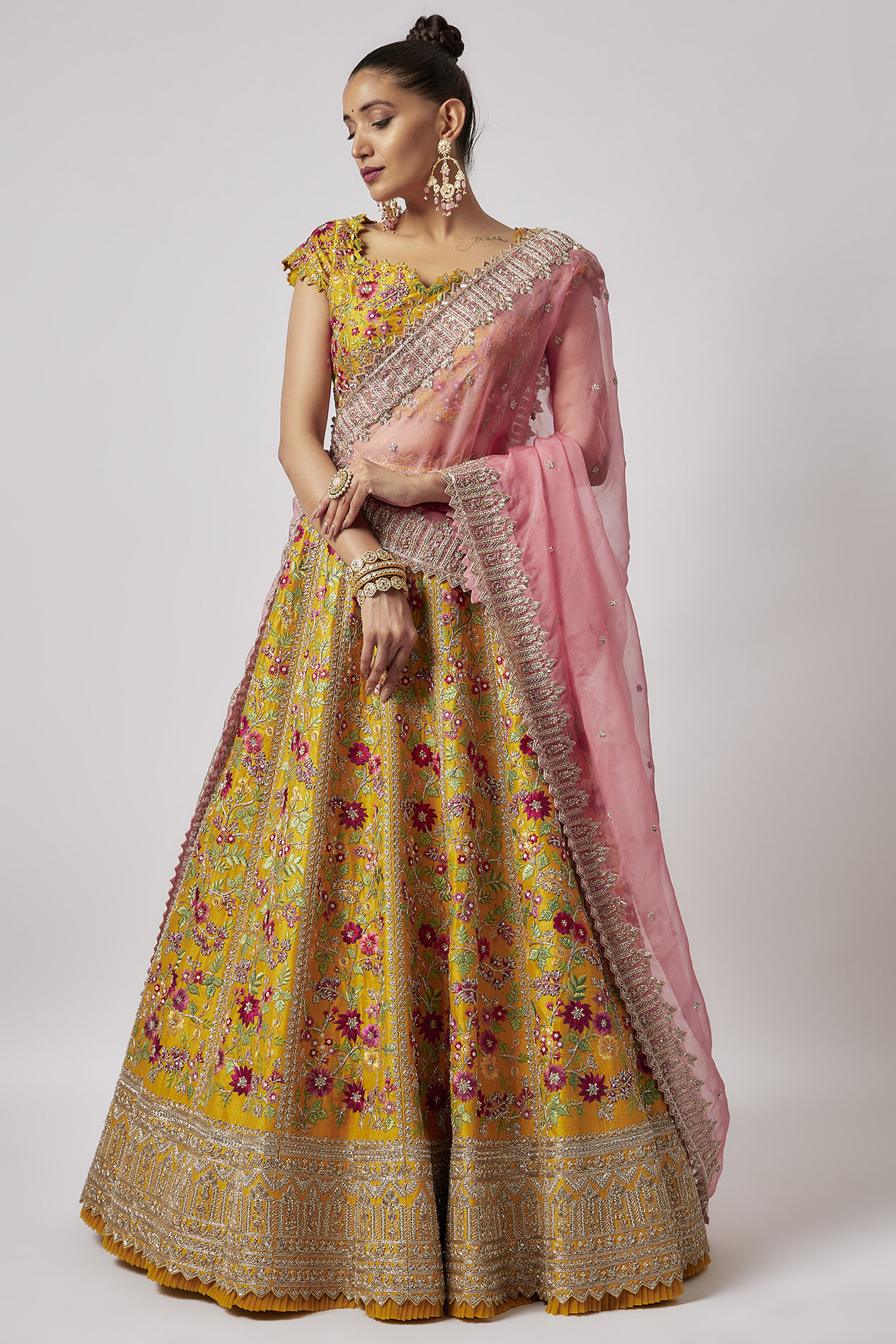 Yellow Raw Silk Lehenga Set by Anushree Reddy