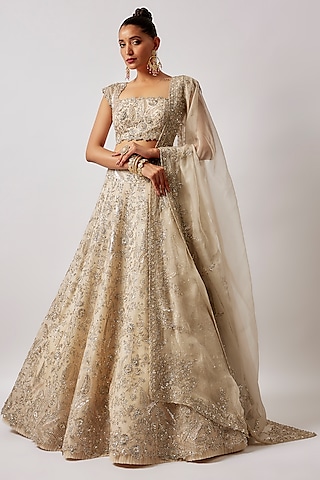 Ivory Organza Embroidered Lehenga Set by Anushree Reddy