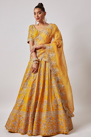Yellow Raw Silk Embroidered Lehenga Set by Anushree Reddy