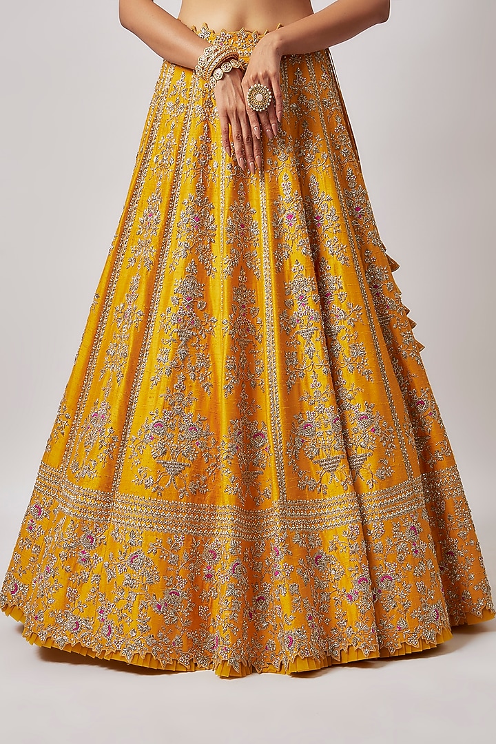 Yellow Raw Silk Embroidered Bridal Lehenga Set by Anushree Reddy at Pernia's Pop Up Shop