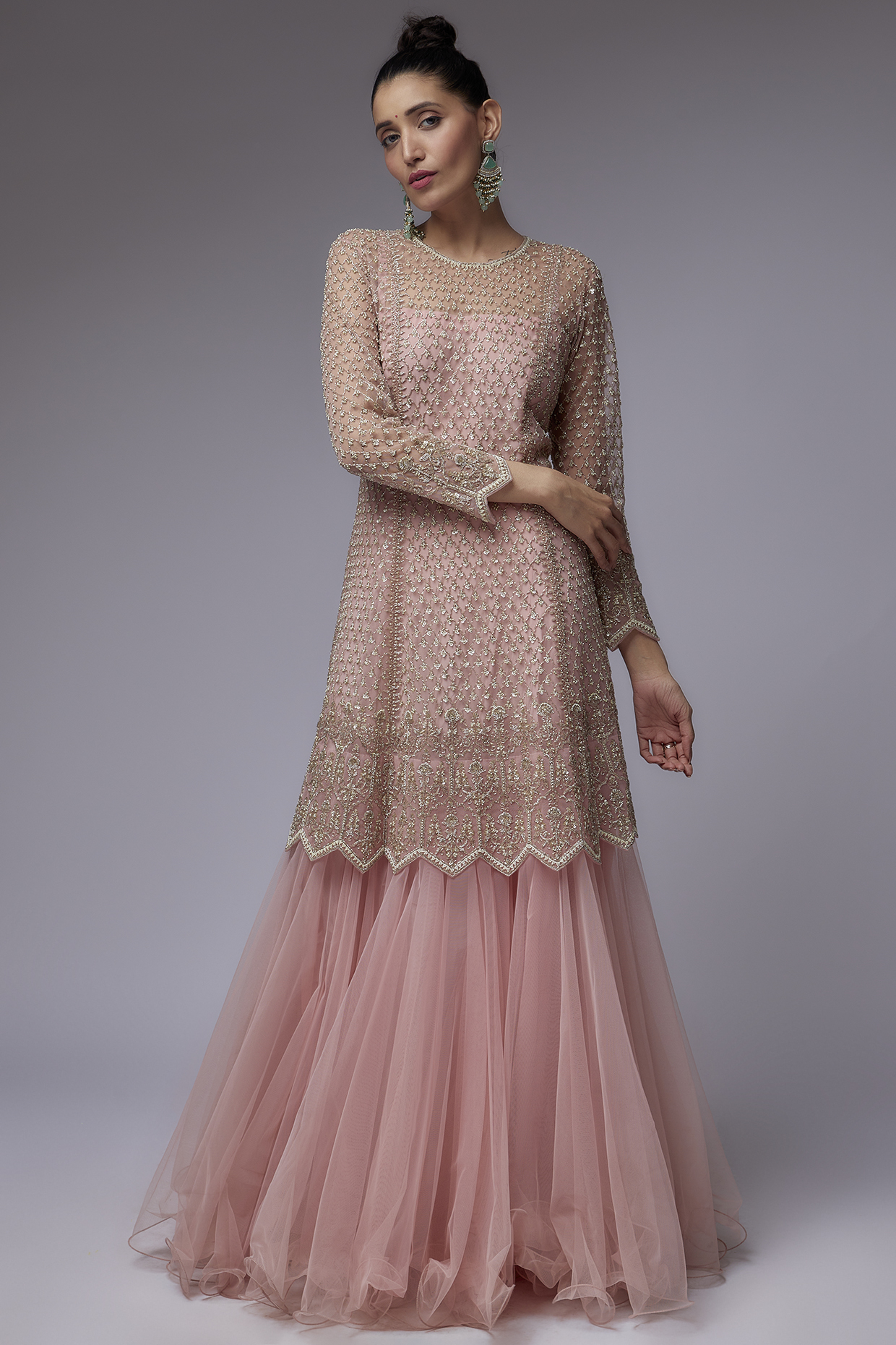 Pink Net Kalidar Kurta  by Anushree Reddy at Pernia's Pop Up Shop